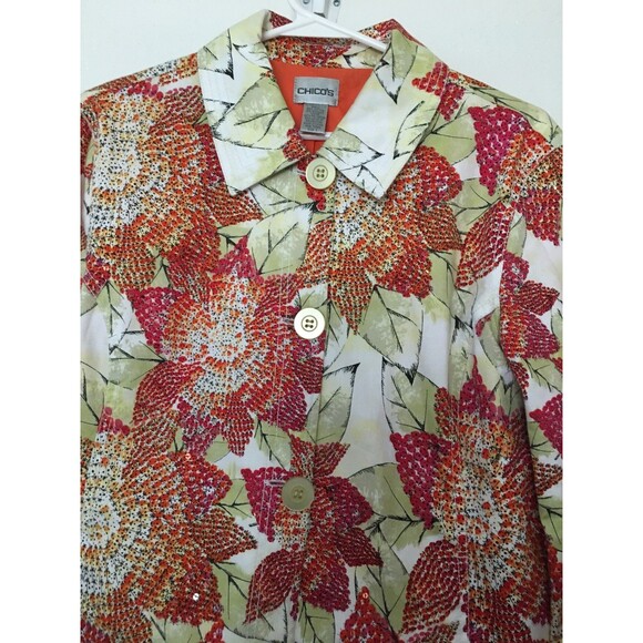 Chico's 1 Size (S) Floral Sequins Cotton Blend Lined Button Jacket - Picture 2 of 6